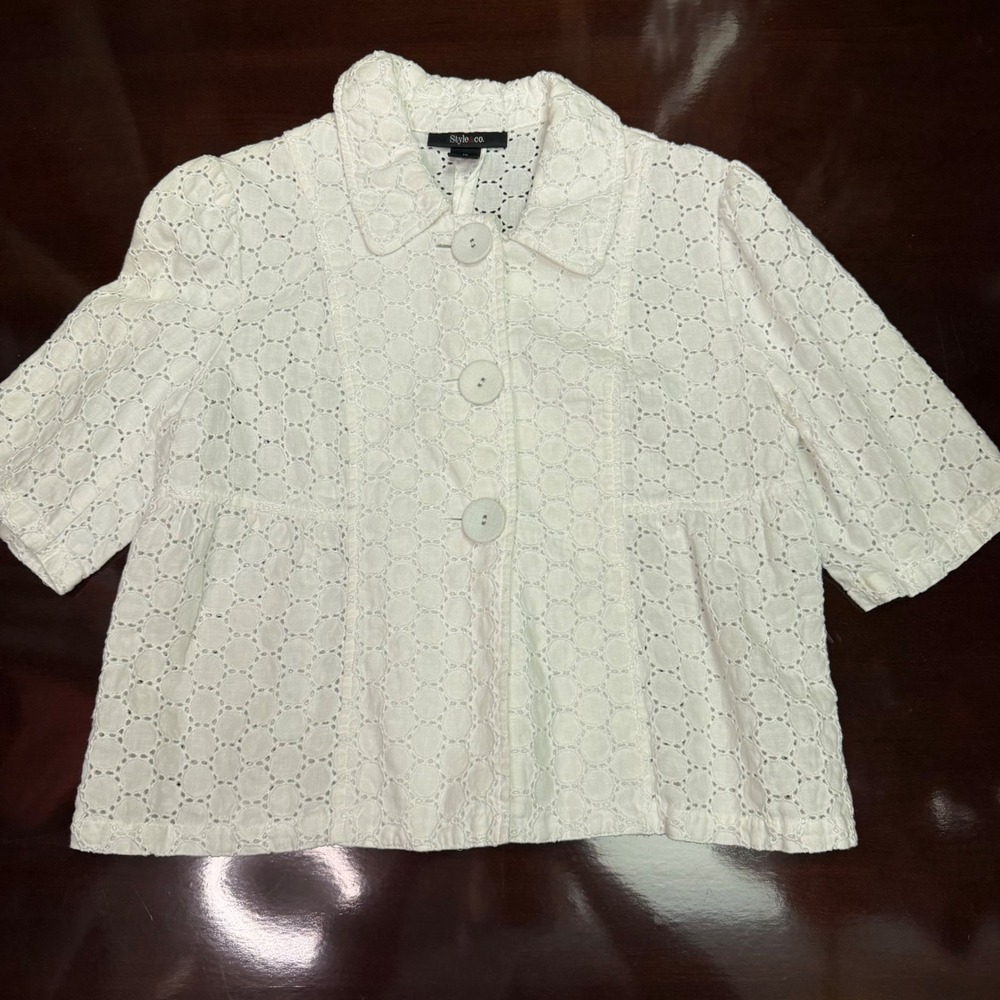Style & Co White 100% Linen Eyelet Jacket Short Sleeve Button Up Size 12